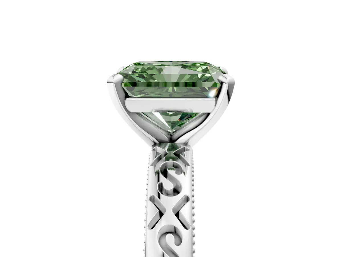 Fancy Green Radiant Cut Solitaire Engagement Ring with Scrollwork Band and Four-Prong Setting Platinum