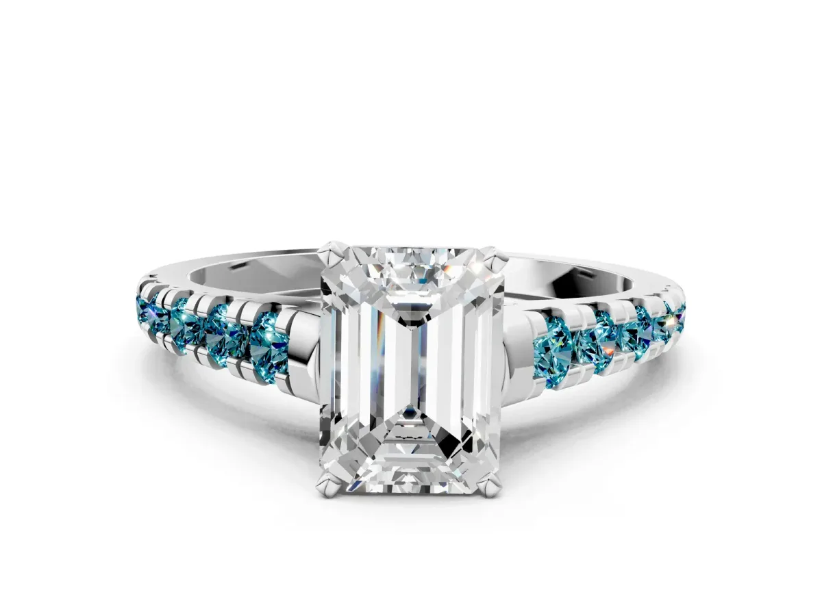 Emerald Cut Diamond Cathedral Solitaire Ring with Round Blue Topaz Pavé Band Silver