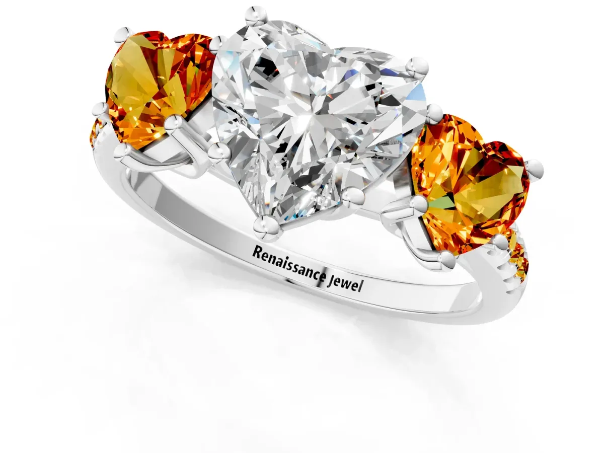 Three-Stone Heart Cut Diamond Ring with Round Citrine Pavé Band and Prong Setting Silver