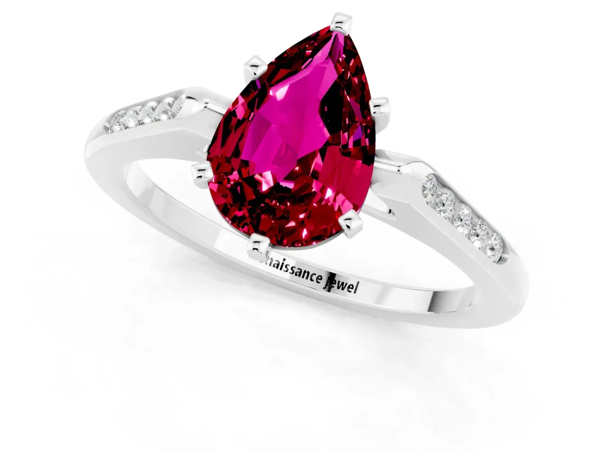 Pear Cut Garnet Solitaire Ring with Channel Set Round Band and Prong Setting Platinum