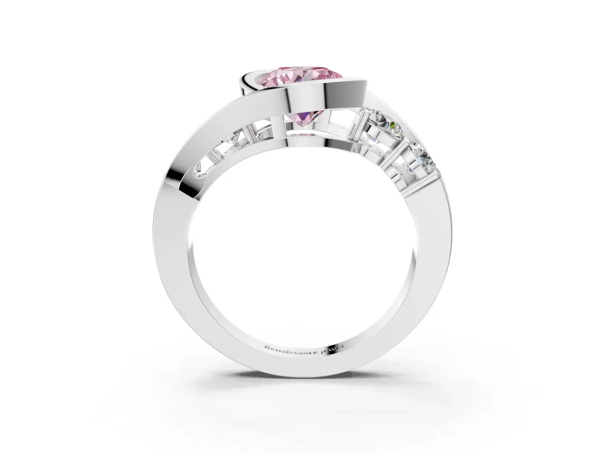 Fancy Pink Bezel Set Round Cut Diamond Bypass Ring with Round Accents Platinum