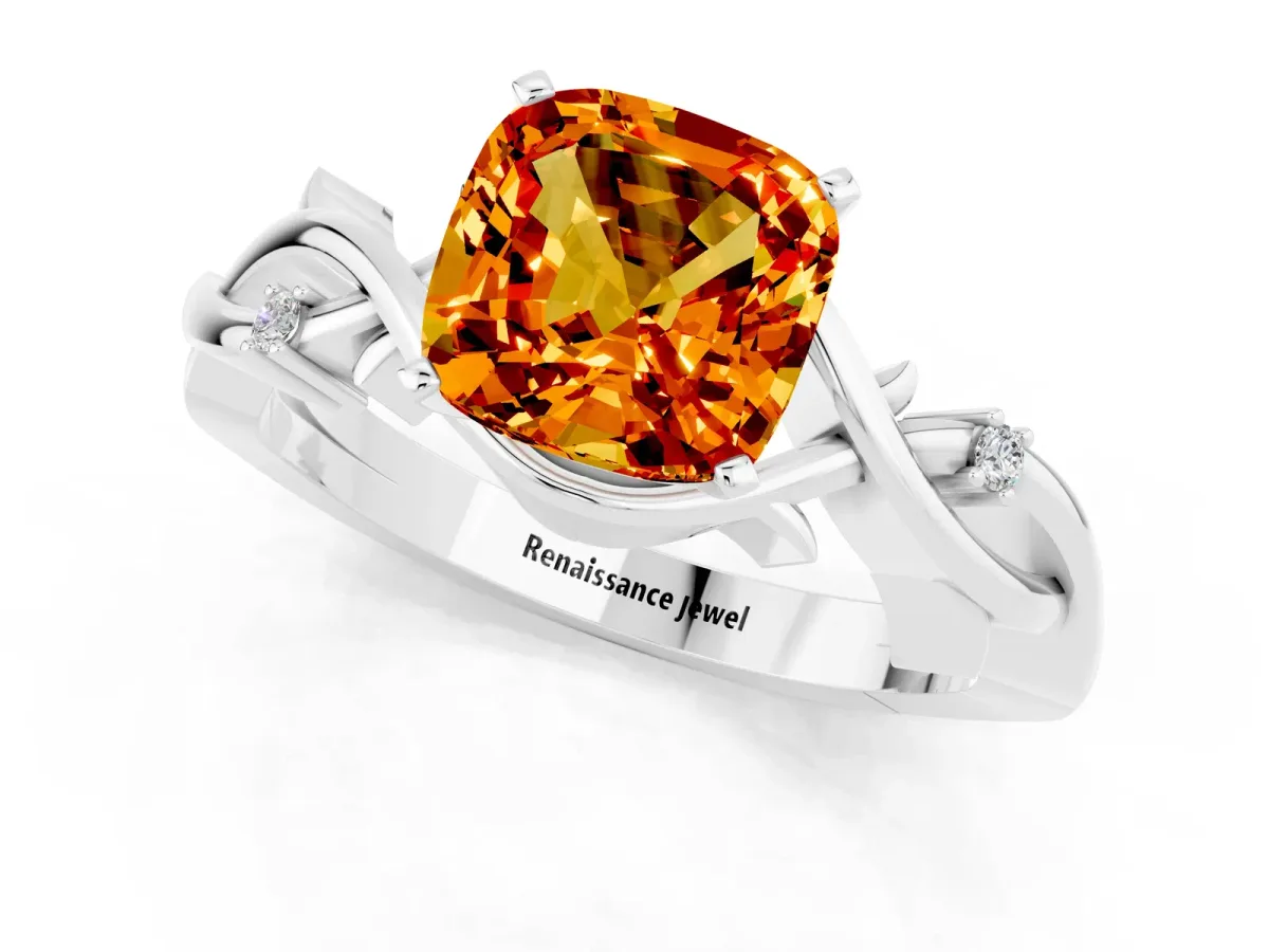 Cushion Cut Citrine Solitaire Ring with Twisted Band and Prong Setting Silver