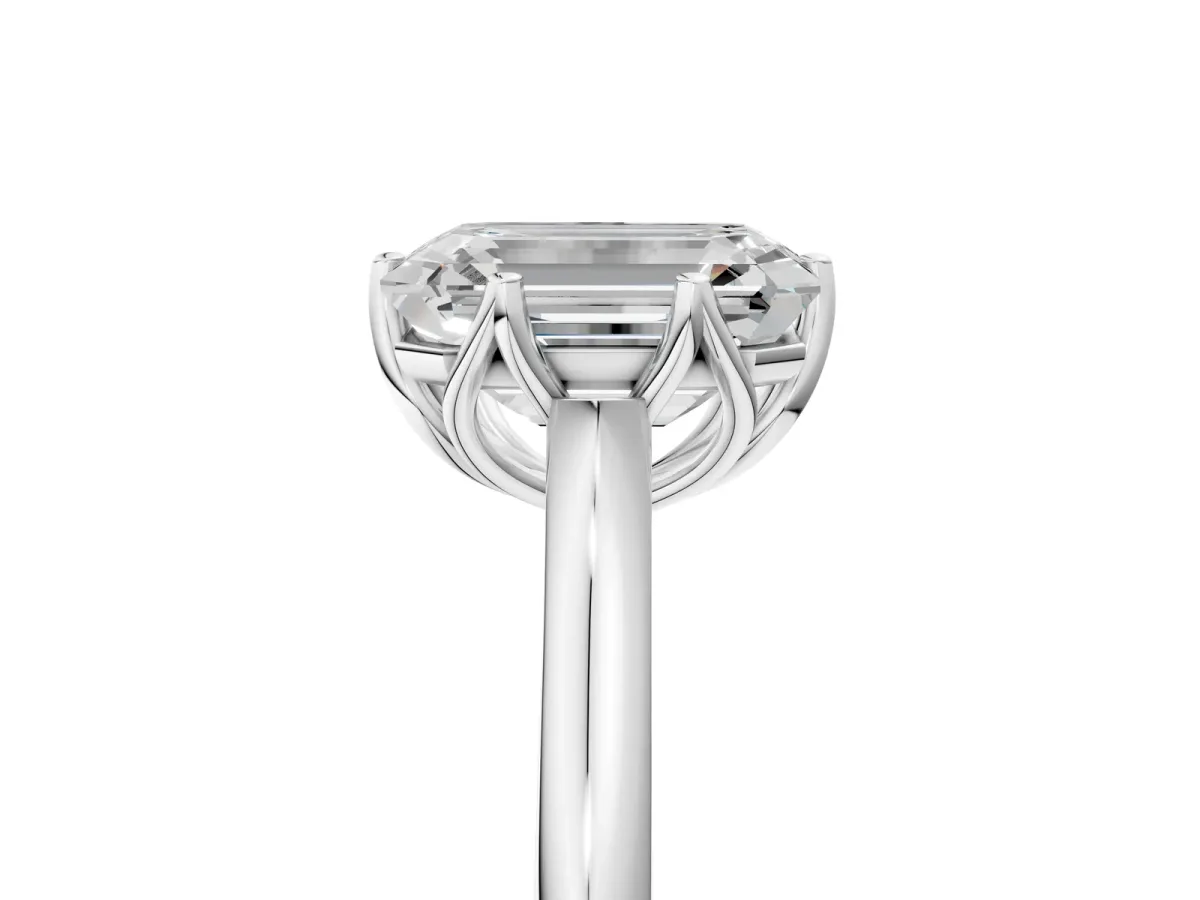 Emerald Cut Solitaire Cathedral Diamond Ring with Six-Prong Setting Silver