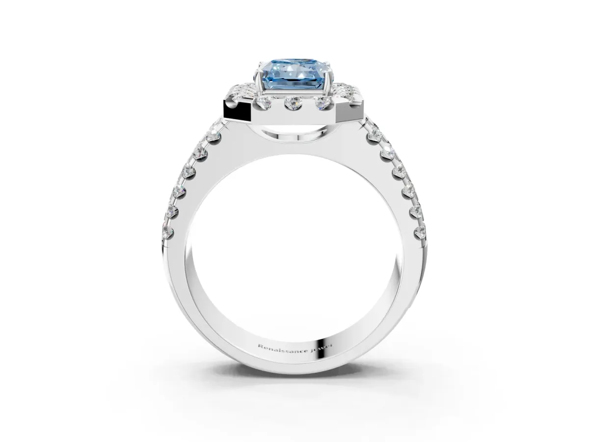Fancy Blue Radiant Cut Halo Diamond Split Shank Engagement Ring with Prong Setting Platinum