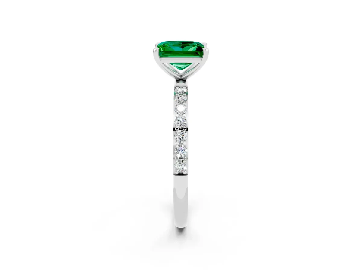 Princess Cut Emerald Solitaire Ring with Round Pavé Band and Prong Setting Platinum