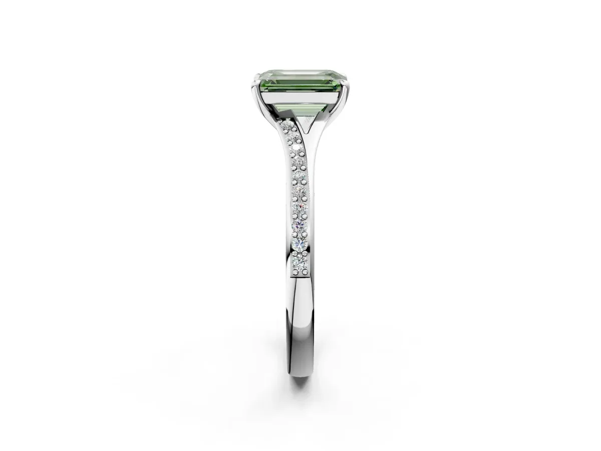 Fancy Green Emerald Cut Diamond Solitaire Ring with Pavé Band and Prong Setting Silver