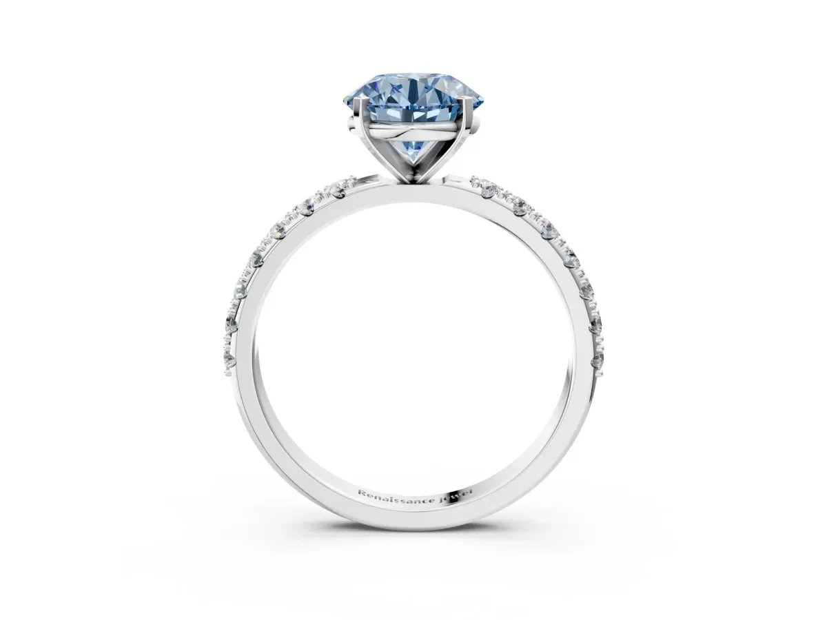 Fancy Blue Round Cut Diamond Solitaire Pavé Band with Four-Prong Setting Platinum
