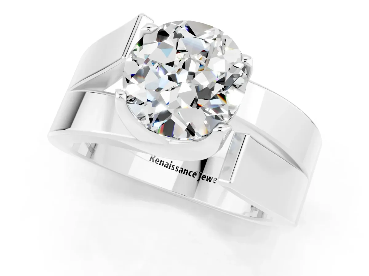 Modern Tension Set Round Cut Moissanite Solitaire Wide Band Ring Silver