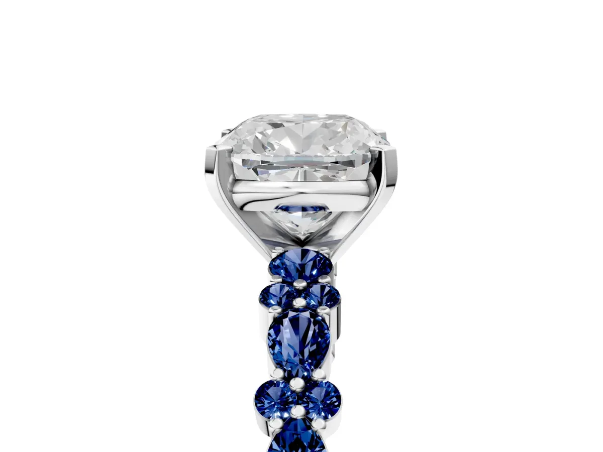 Cushion Cut Diamond Side Stone Solitaire Ring with Round Blue Sapphire and Four-Prong Setting Silver