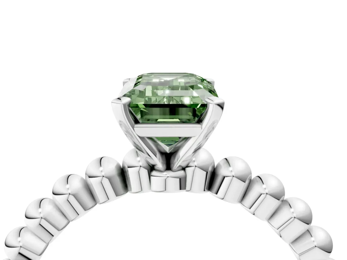 Fancy Green Emerald Cut Diamond Solitaire Ring with Beaded Band and Prong Setting Silver