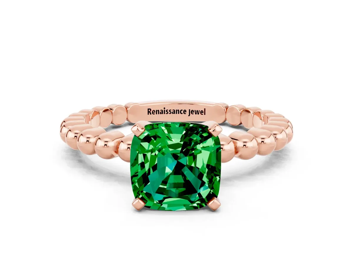 Cushion Cut Emerald Solitaire Ring with Beaded Band and Prong Setting Rose gold