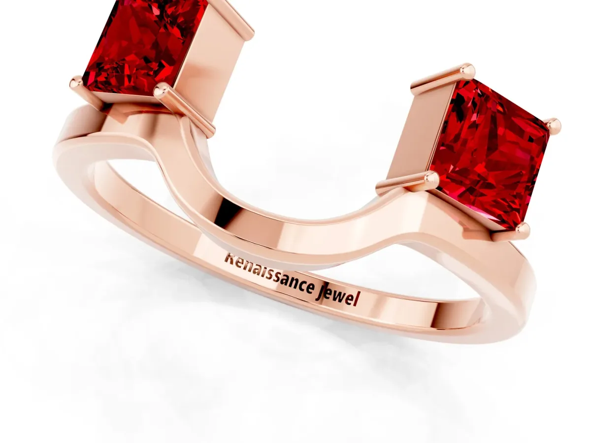 Princess Cut Ruby Two-Stone Open Band Ring with Four-Prong Setting Rose gold