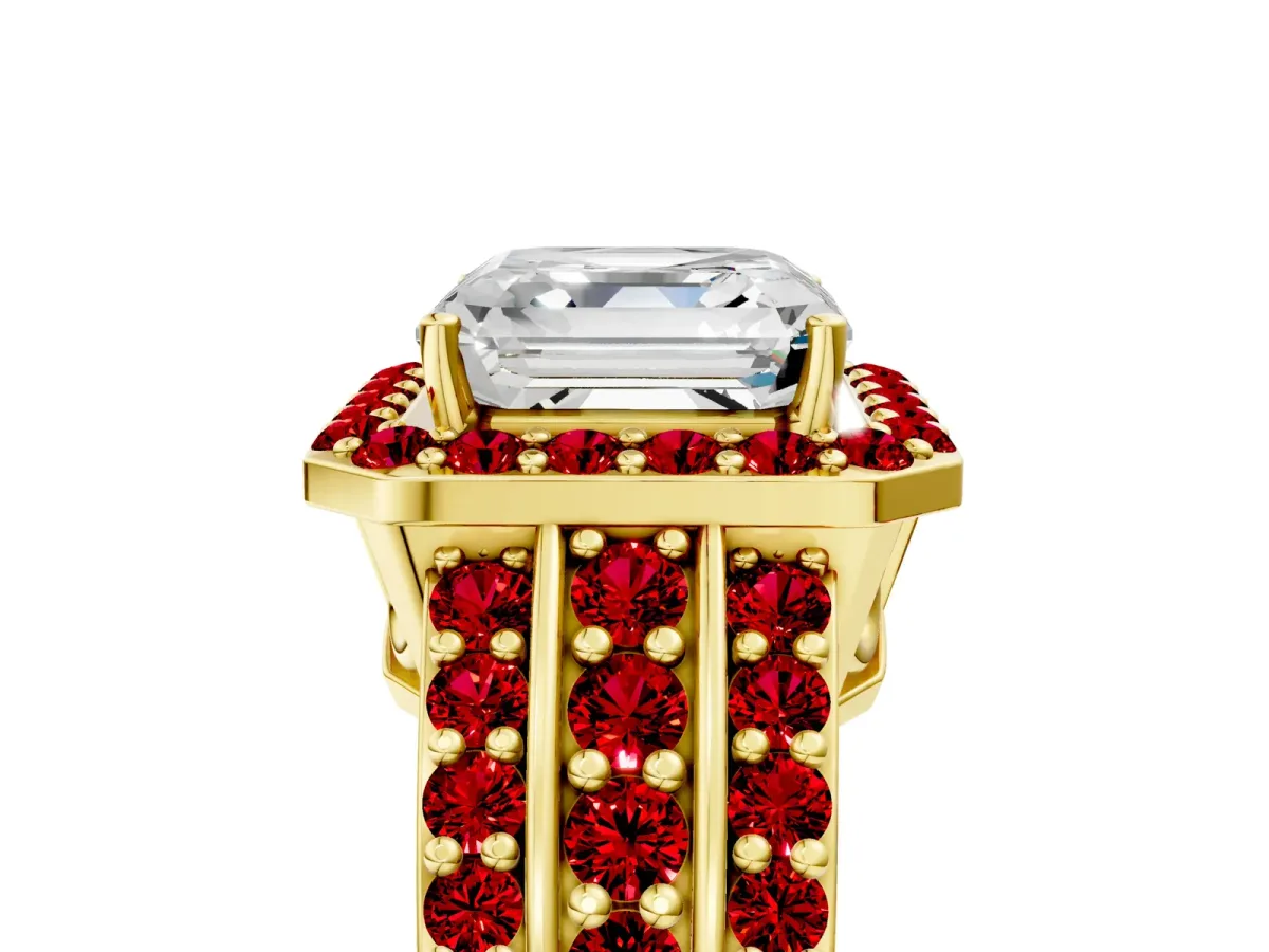 Asscher Cut Halo Diamond Ring with Round Ruby Split Shank and Prong Setting Yellow gold