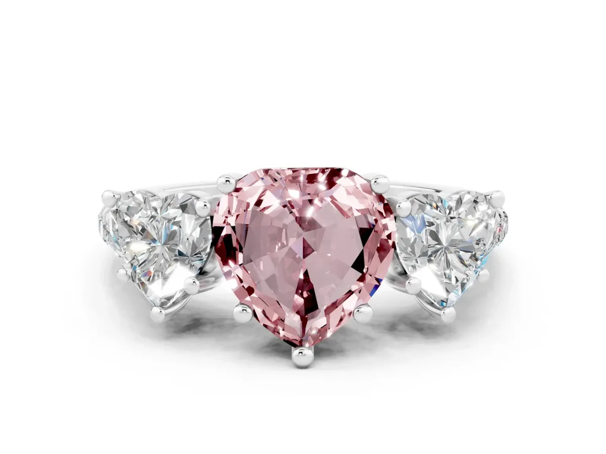 Three-Stone Heart Cut Morganite Ring with Round Pavé Band and Prong Setting Silver