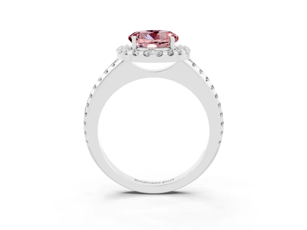 Round Cut Morganite Pavé Halo Ring with Four-Prong Setting Platinum