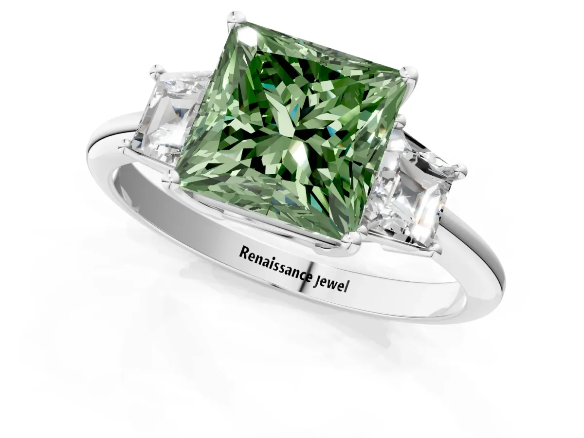 Fancy Green Princess Cut Diamond Three-Stone Ring with Trapezoid Side Stones and Prong Setting Silver