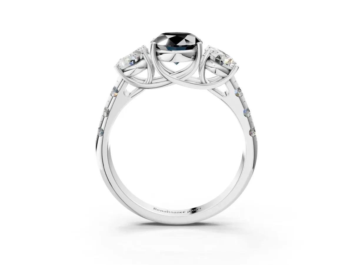 Fancy Black Three-Stone Oval Cut Diamond Pavé Band with Prong Setting Platinum