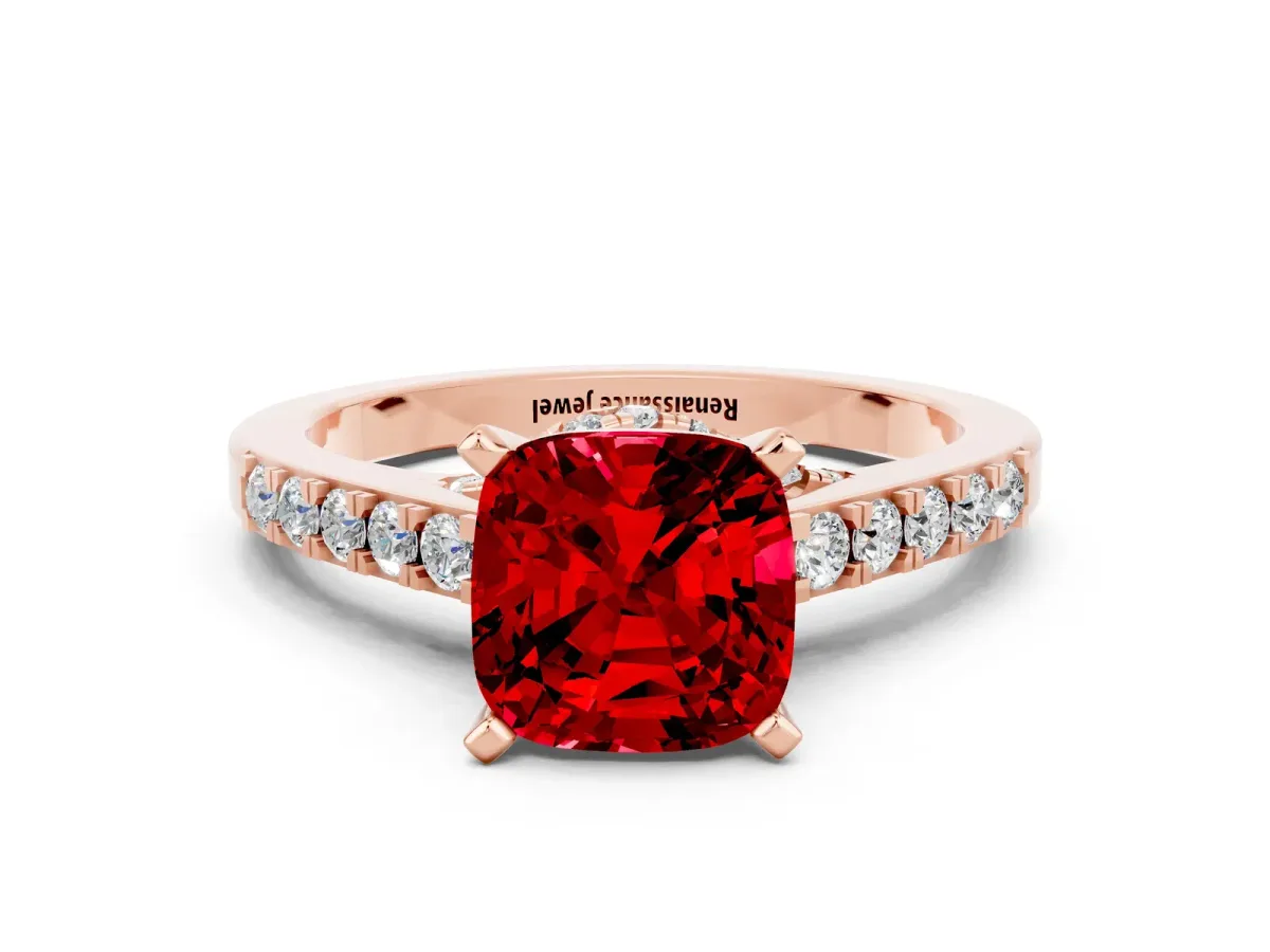 Cushion Cut Ruby Solitaire Ring with Crossover Gallery and Round Pavé Band Rose gold