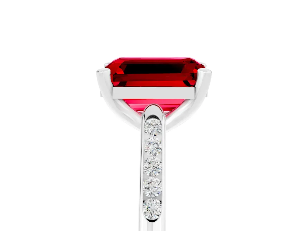 Emerald Cut Ruby Solitaire Ring with Channel Set Round Band and Prong Setting White gold