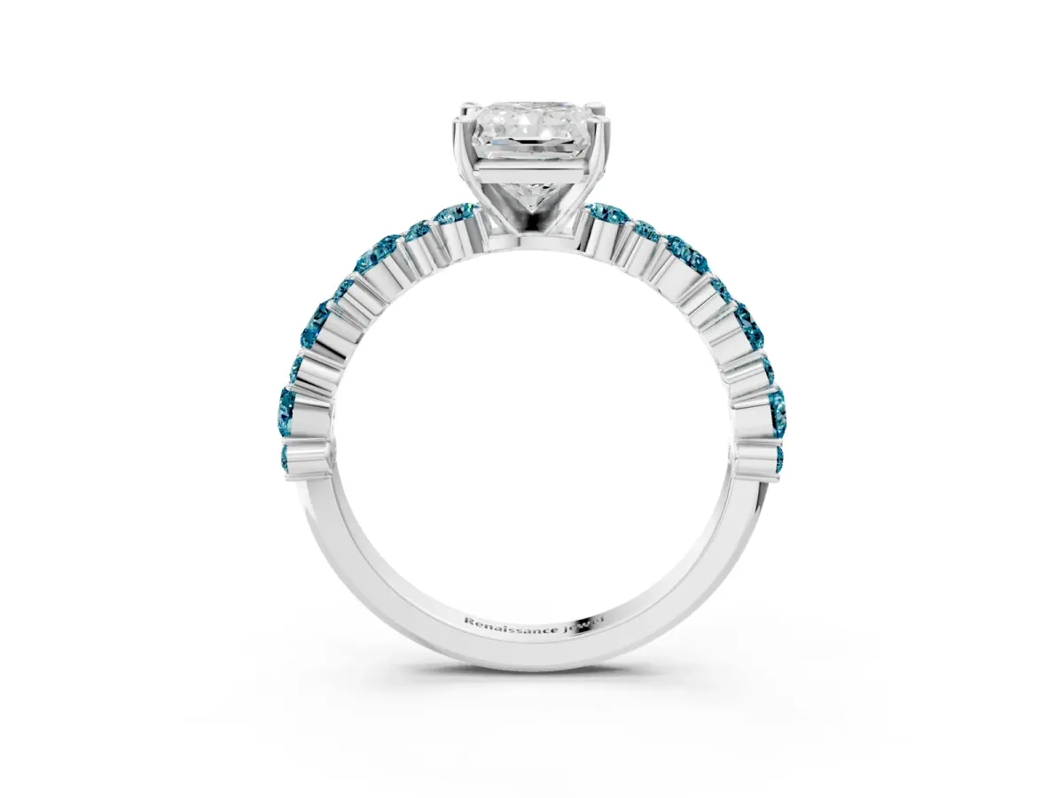Radiant Cut Diamond Side Stone Solitaire Ring with Round Blue Topaz and Four-Prong Setting Silver