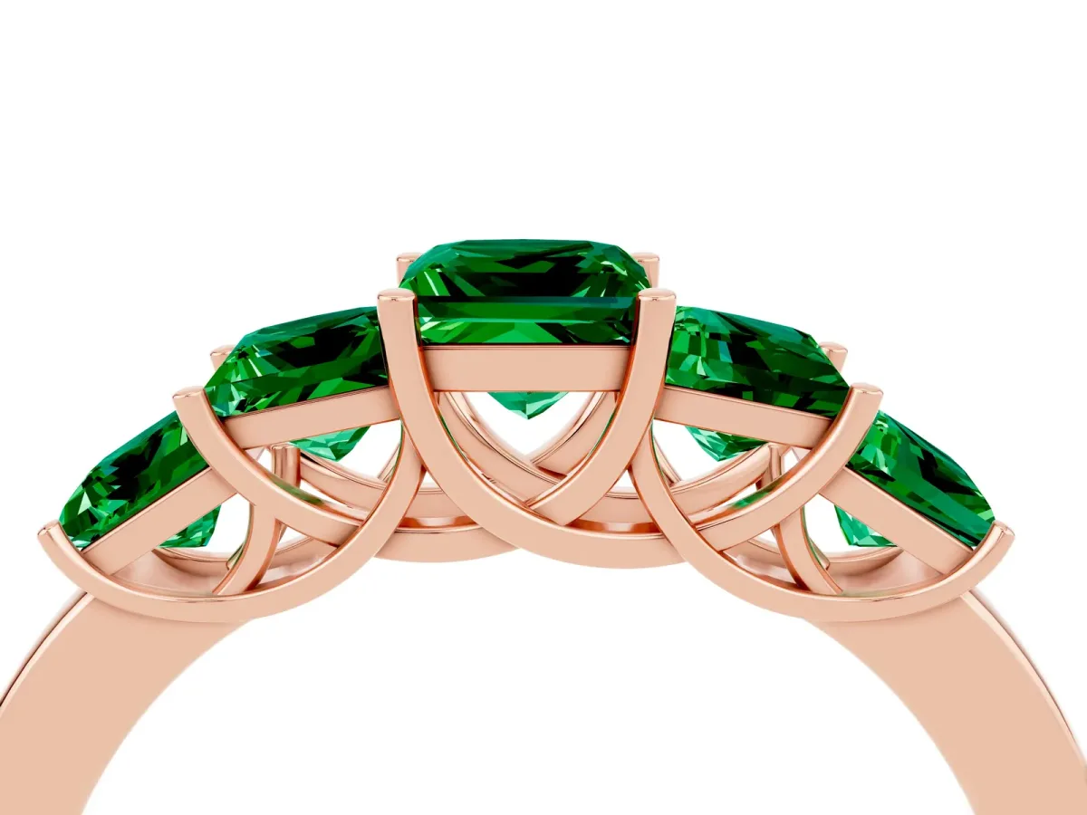 Princess Cut Five-Stone Emerald Ring with Classic Prong Setting Rose gold