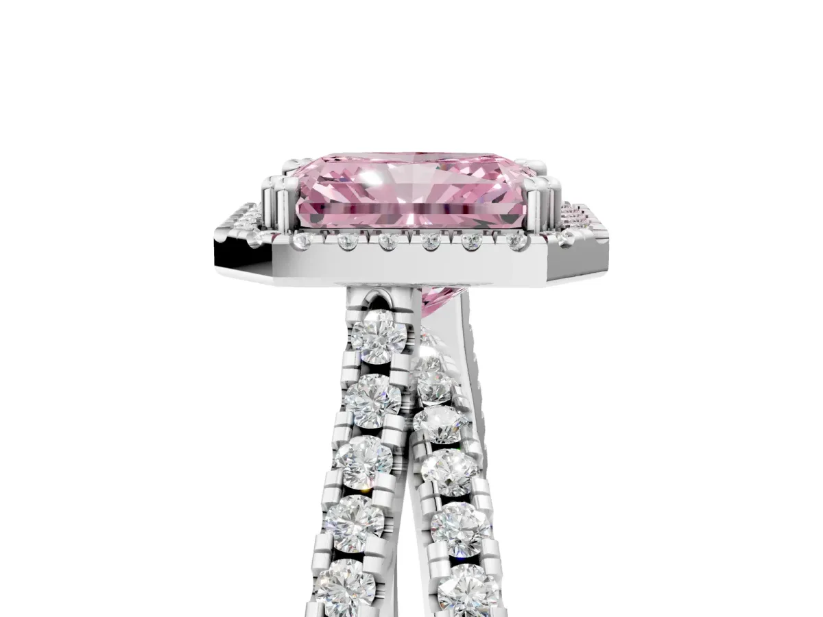 Fancy Pink Radiant Cut Halo Split Shank Diamond Ring with Pavé Setting Platinum