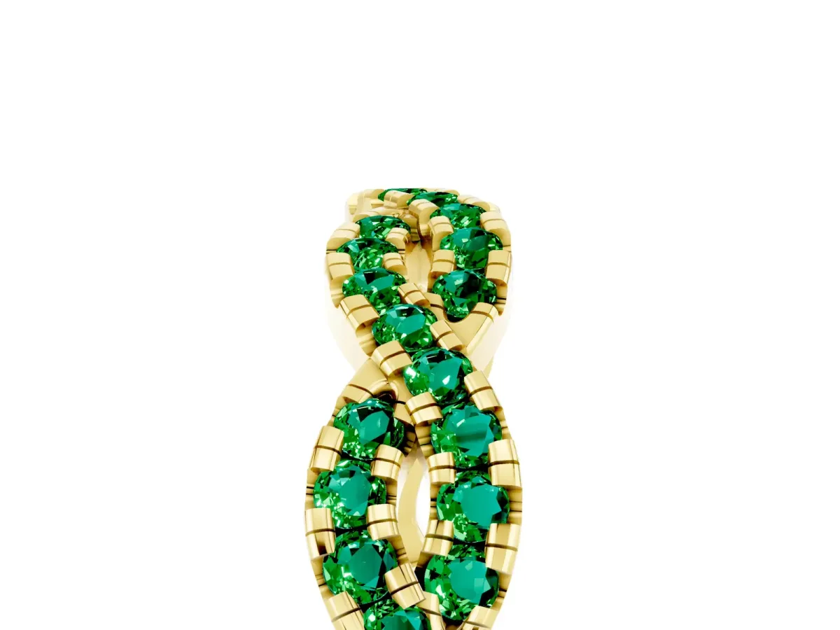 Round Emerald Twisted Eternity Band with Pavé and Shared Prong Setting Yellow gold