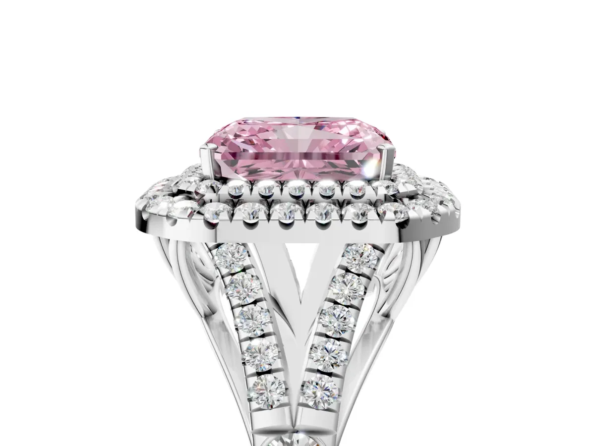 Fancy Pink Radiant Cut Diamond Pavé Split Shank Double Halo Engagement Ring Platinum
