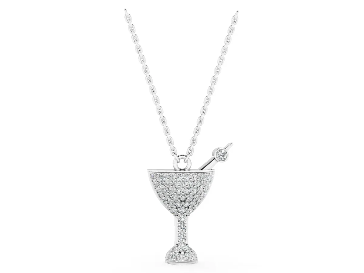 Pavé Round Diamond Martini Glass Pendant with Bezel Prong Setting Silver