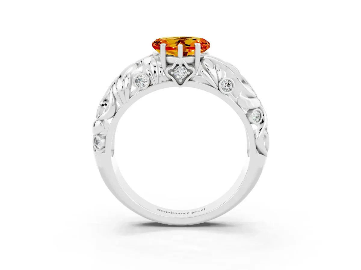 Heart Cut Solitaire Citrine Leaf-Inspired Vine Band Ring with Prong Setting Platinum