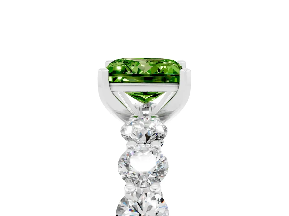 Princess Cut Peridot Prong Setting with Side Stones on a Pave Band Silver