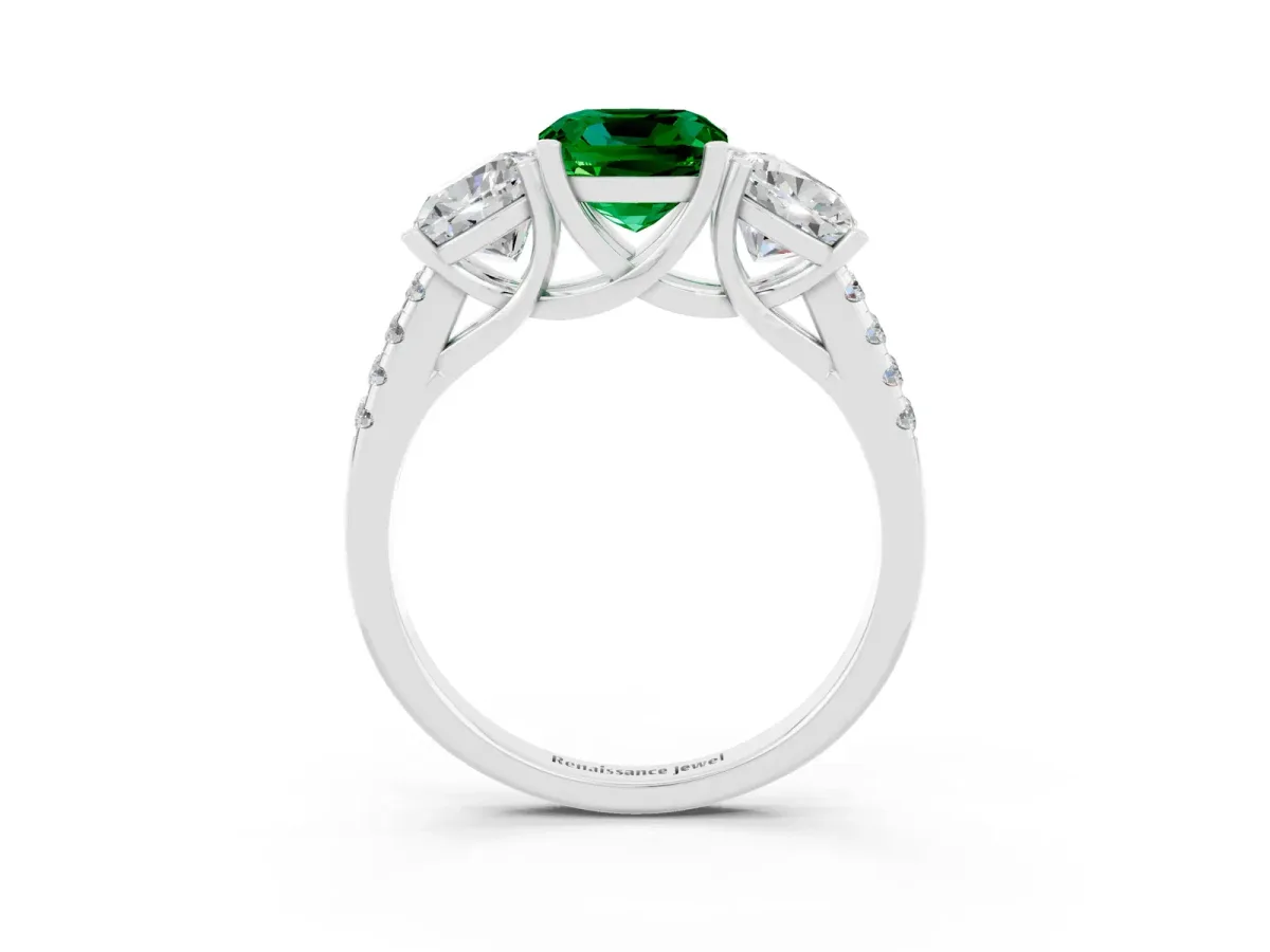 Three-Stone Cushion Cut Emerald Ring with Round Pavé Band and Prong Setting Silver
