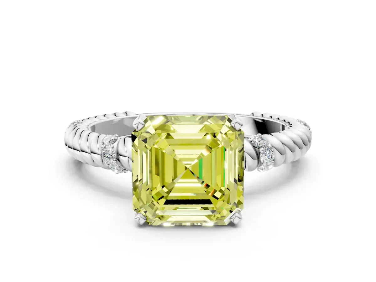 Fancy Yellow Asscher Cut Solitaire Twisted Band Prong Set Engagement Ring Platinum