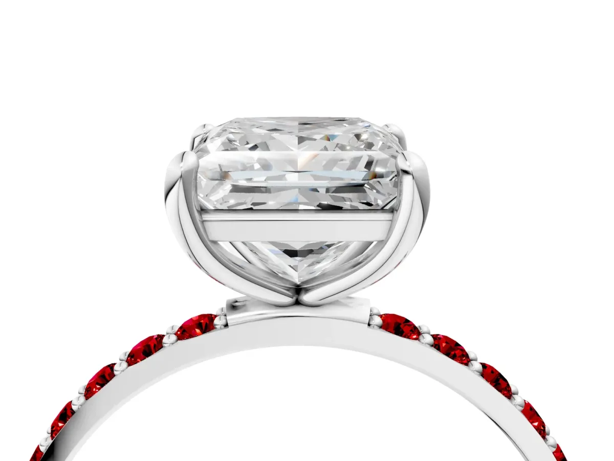 Princess Cut Diamond Solitaire Ring with Round Ruby Pavé Band and Prong Setting White gold
