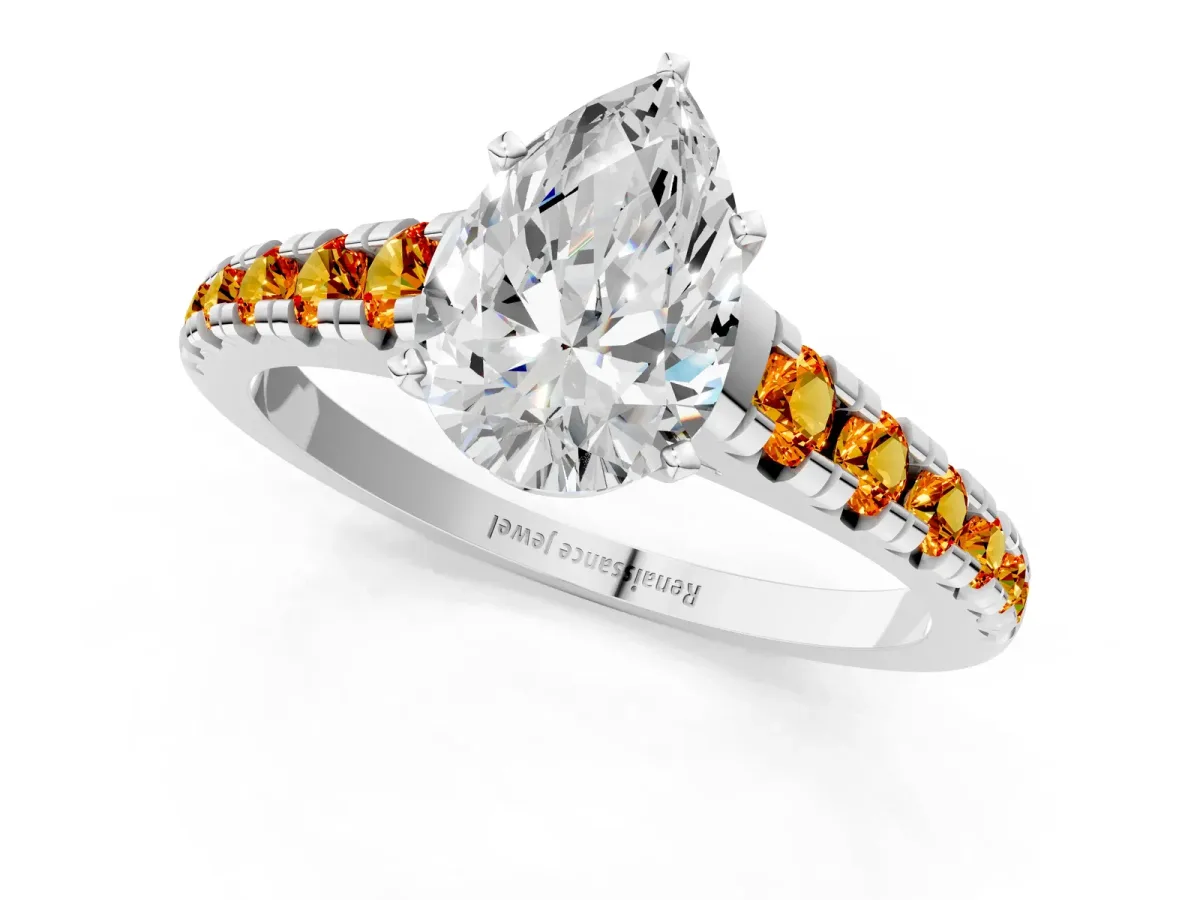 Pear Cut Diamond Cathedral Solitaire Ring with Round Citrine Pavé Band Platinum