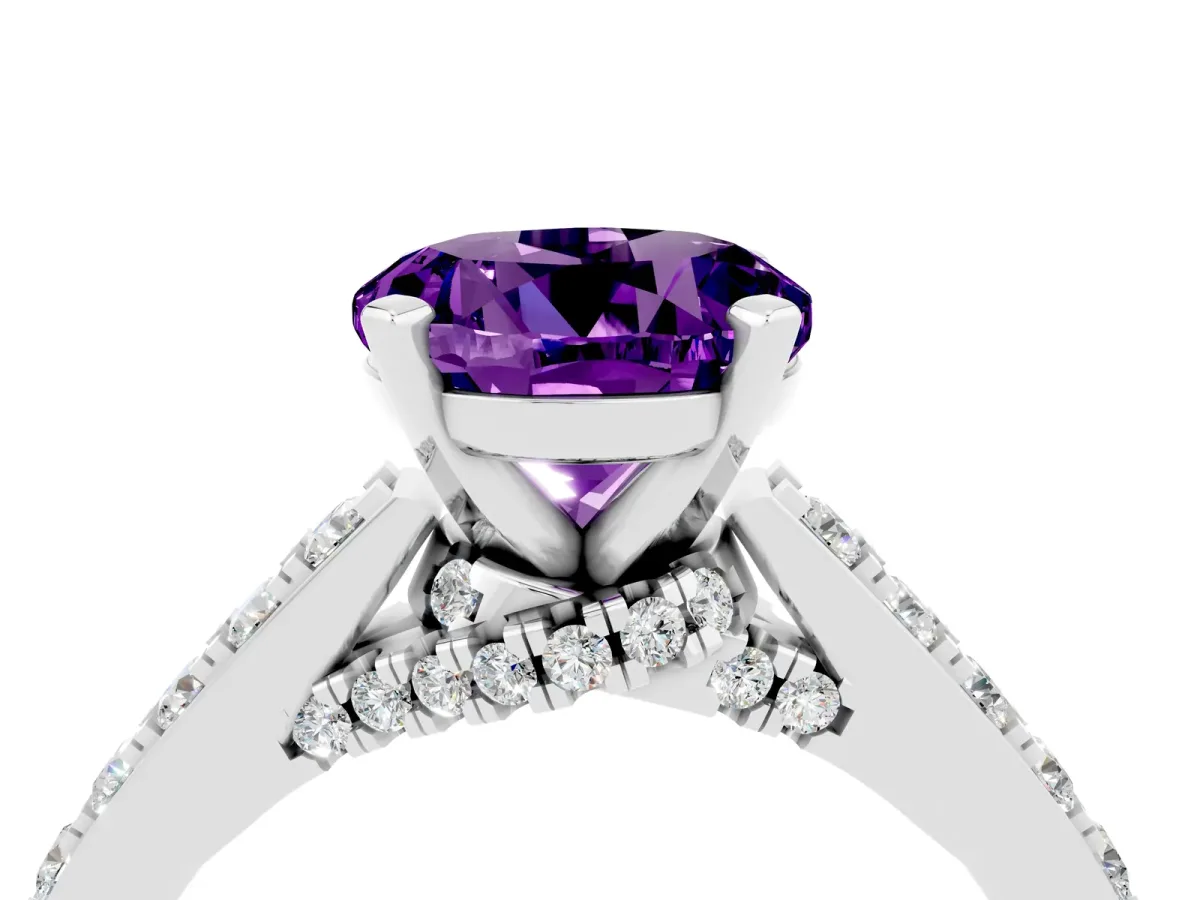 Round Cut Amethyst Solitaire Ring with Crossover Gallery and Round Pavé Band Silver