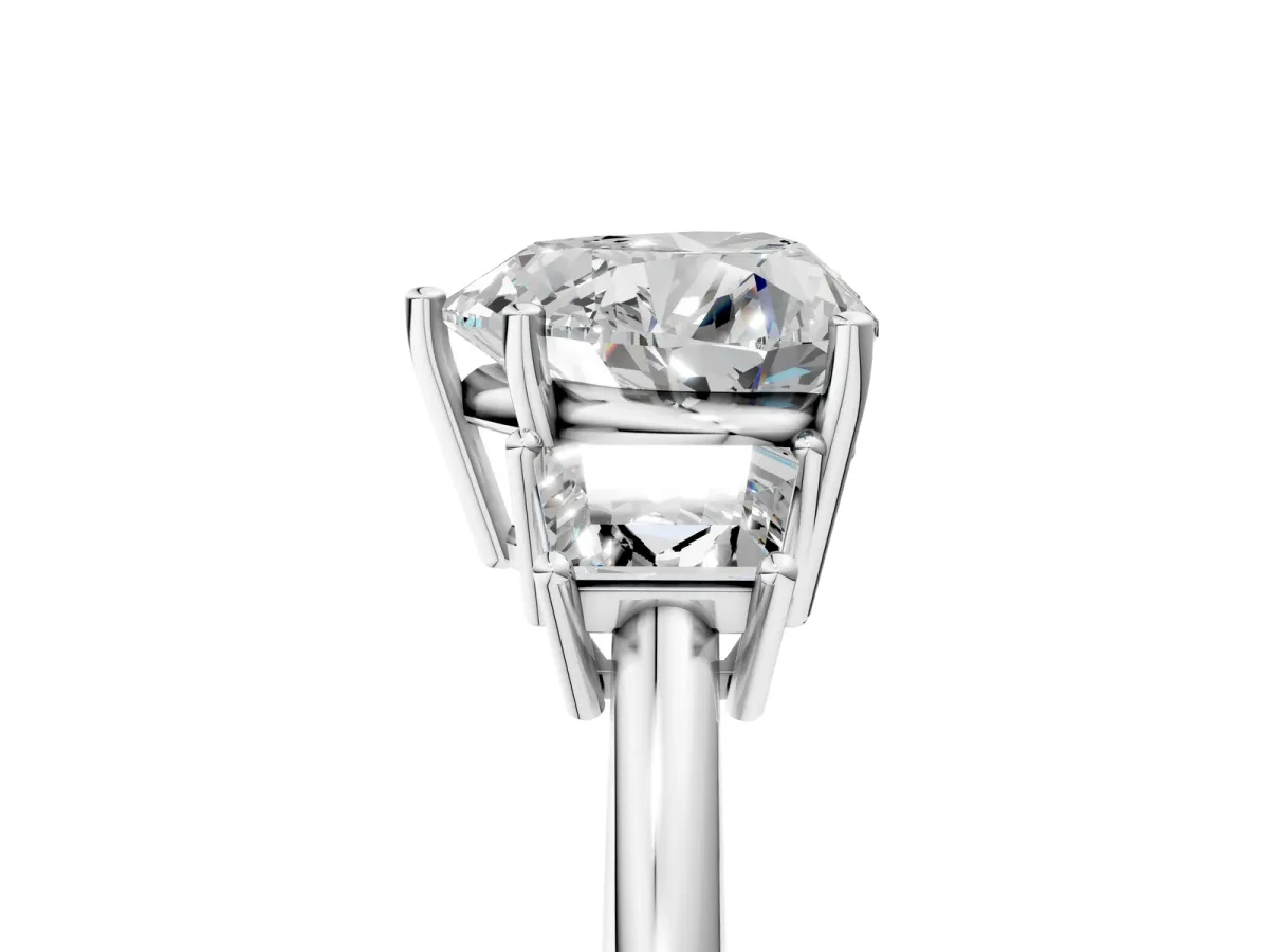 Heart Cut Diamond Three-Stone Ring with Trapezoid Side Stones and Prong Setting Platinum