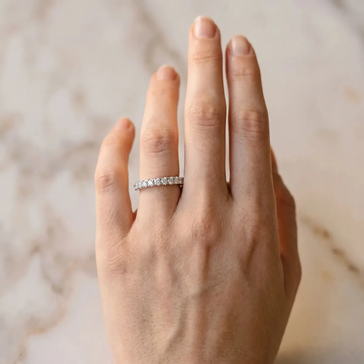 Pavé Round Diamond Half Eternity Band with Shared Prong Setting Silver