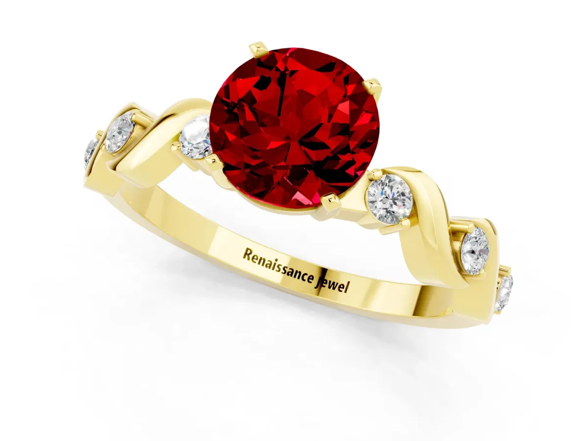Round Cut Ruby Solitaire Twisted Band with Round Accents and Prong Setting Yellow gold