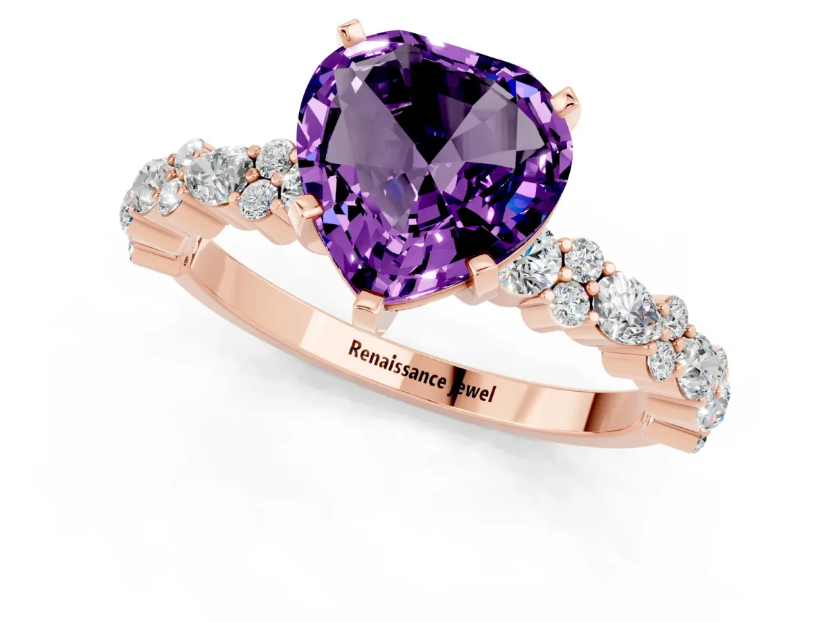 Heart Cut Amethyst Side Stone Solitaire Ring with Round and Four-Prong Setting Rose gold