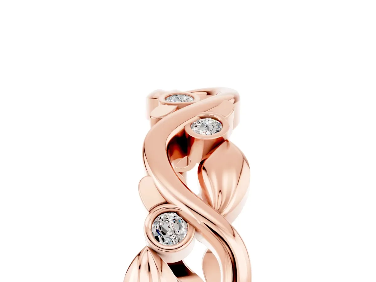 Round Moissanite Leaf Eternity Band with Bezel Setting Rose gold