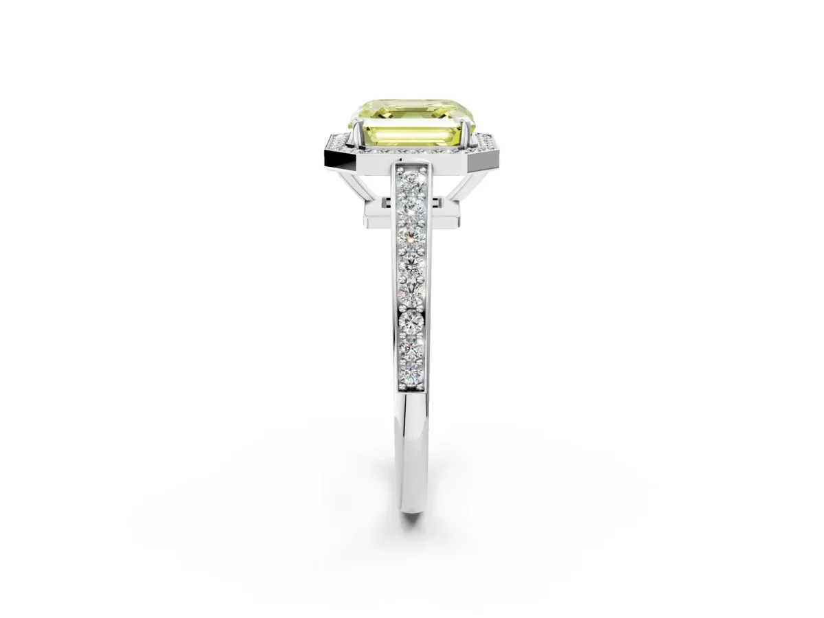 Fancy Yellow Asscher Cut Halo Pavé Diamond Engagement Ring with Bezel Setting Silver