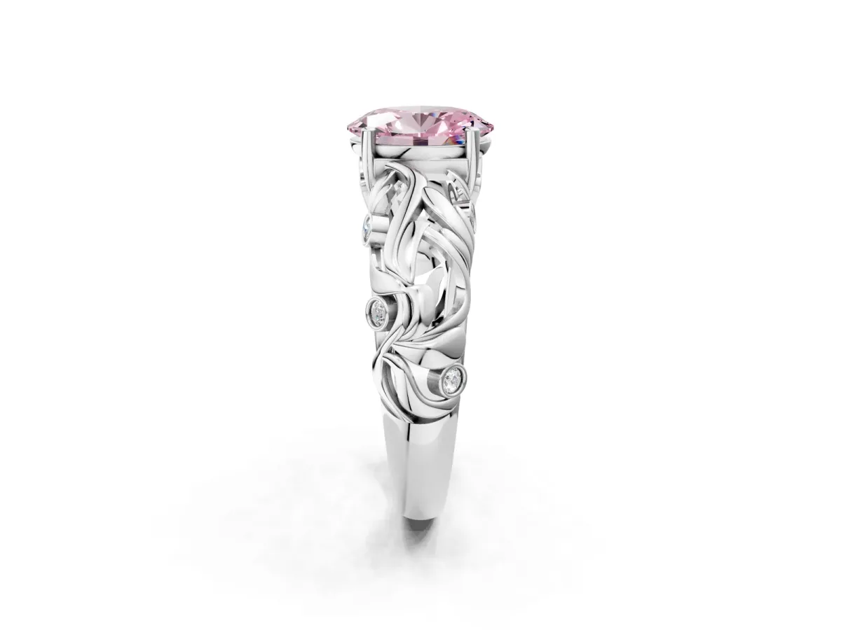 Fancy Pink Oval Cut Solitaire Diamond Leaf-Inspired Vine Band Ring with Prong Setting White gold
