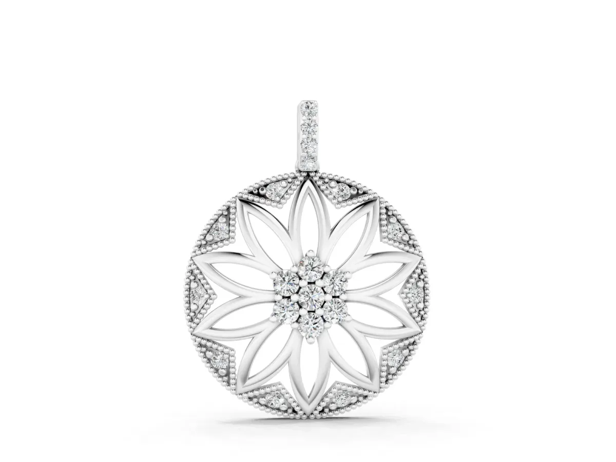 Round Diamond Cluster Flower Pendant White gold