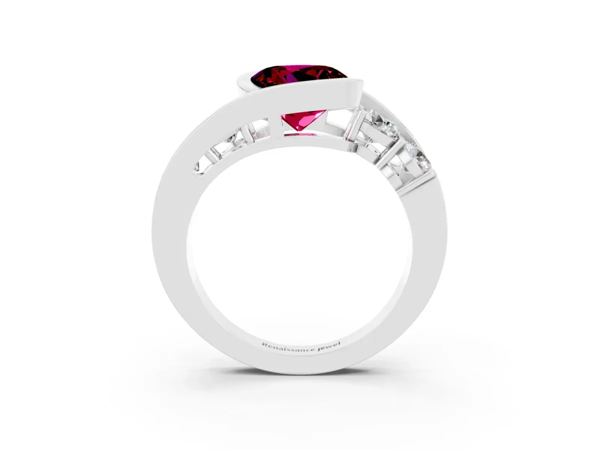 Bezel Set Round Cut Garnet Bypass Ring with Round Accents Silver