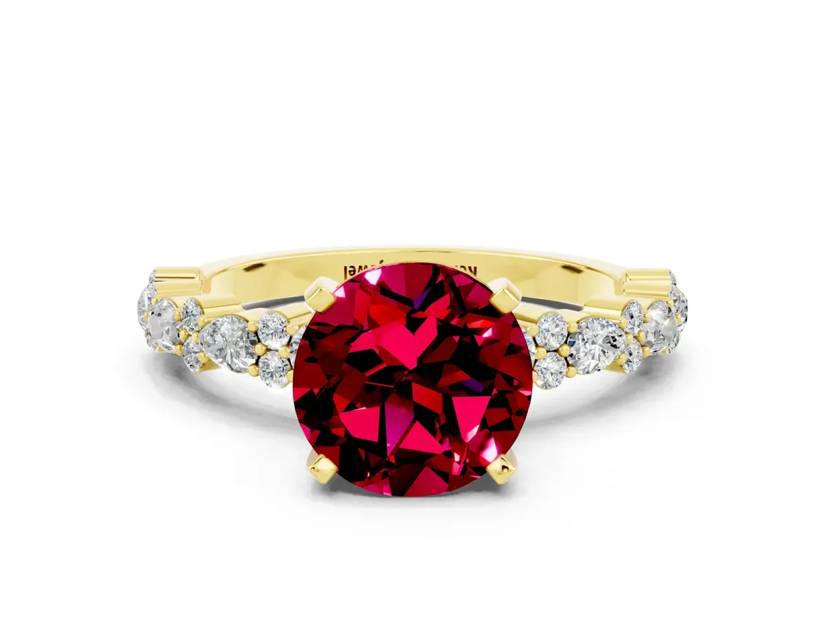 Round Cut Garnet Side Stone Solitaire Ring with Round and Four-Prong Setting Yellow gold