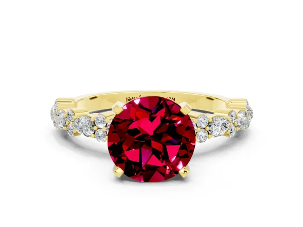 Round Cut Garnet Side Stone Solitaire Ring with Round and Four-Prong Setting Yellow gold