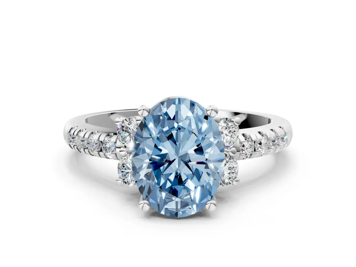 Fancy Blue Oval Cut Diamond Three-Stone Pave Band with Four-Prong Setting Silver