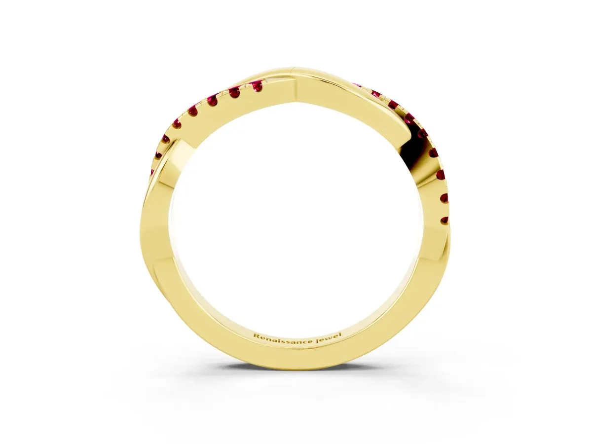 Round Garnet Twisted Infinity Band with Prong Setting Yellow gold