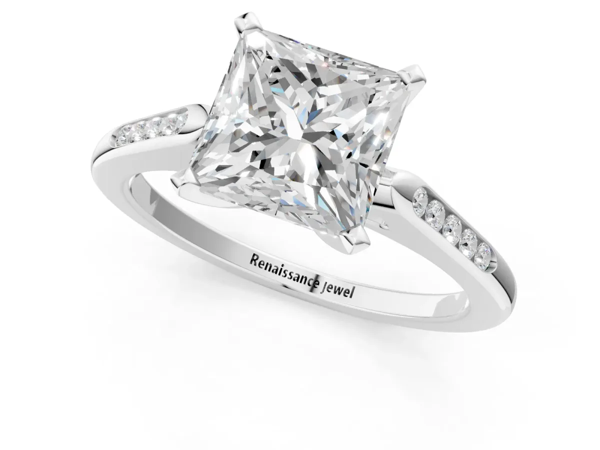 Princess Cut Diamond Solitaire Ring with Channel Set Round Band and Prong Setting Silver
